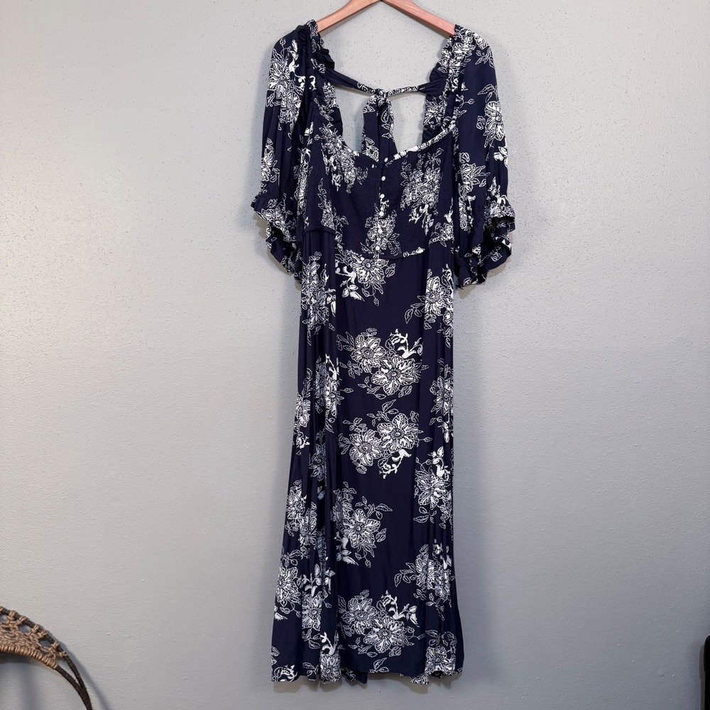 NWT 3X Anthro Maxi Summer Dress Navy White Floral Smocked Coastal